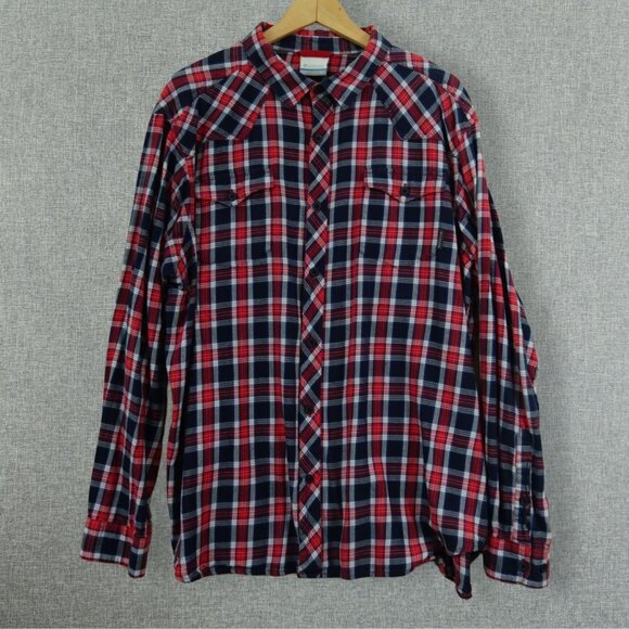Columbia Western Yoke Shirt XL Red‎ Navy Plaid Long Sleeve Button Up - Picture 1 of 5